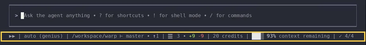 The Warp Agent CLI statusline showing the auto-approve, model, working directory, Git branch status, Git diff status, conversation usage, context window usage, and agent to-do list chips